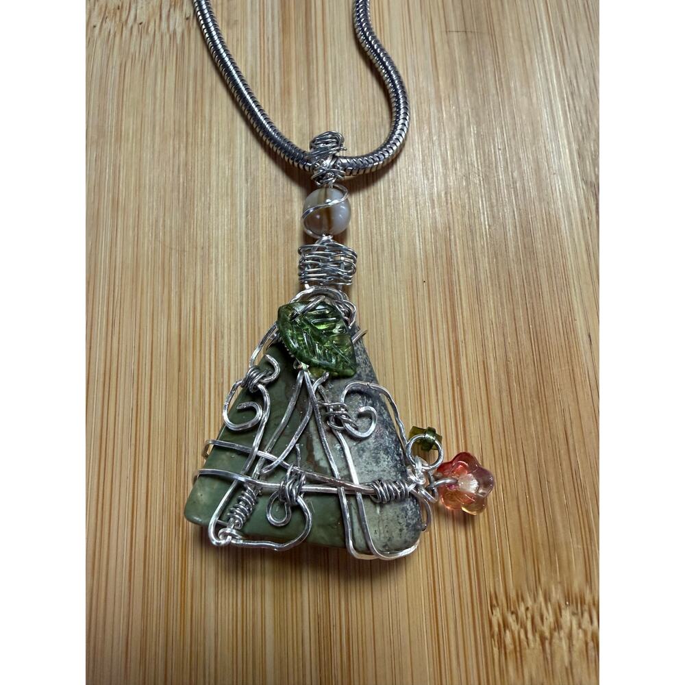 Vintage Trifari Snake Chain Necklace Handmade Jasper Wire Wrapped Pendant 22”